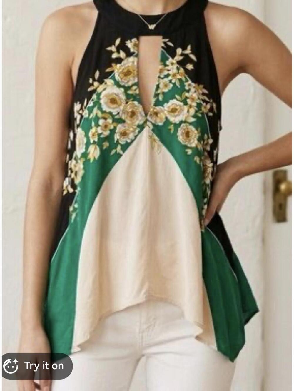 Free People Beat Of My Heart Tunic Top Green Floral Colorblock Boho Festival